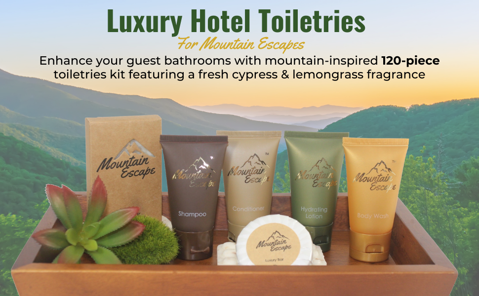 Mountain Escape amenities kit with shampoo, conditioner, body wash, lotion, and soaps