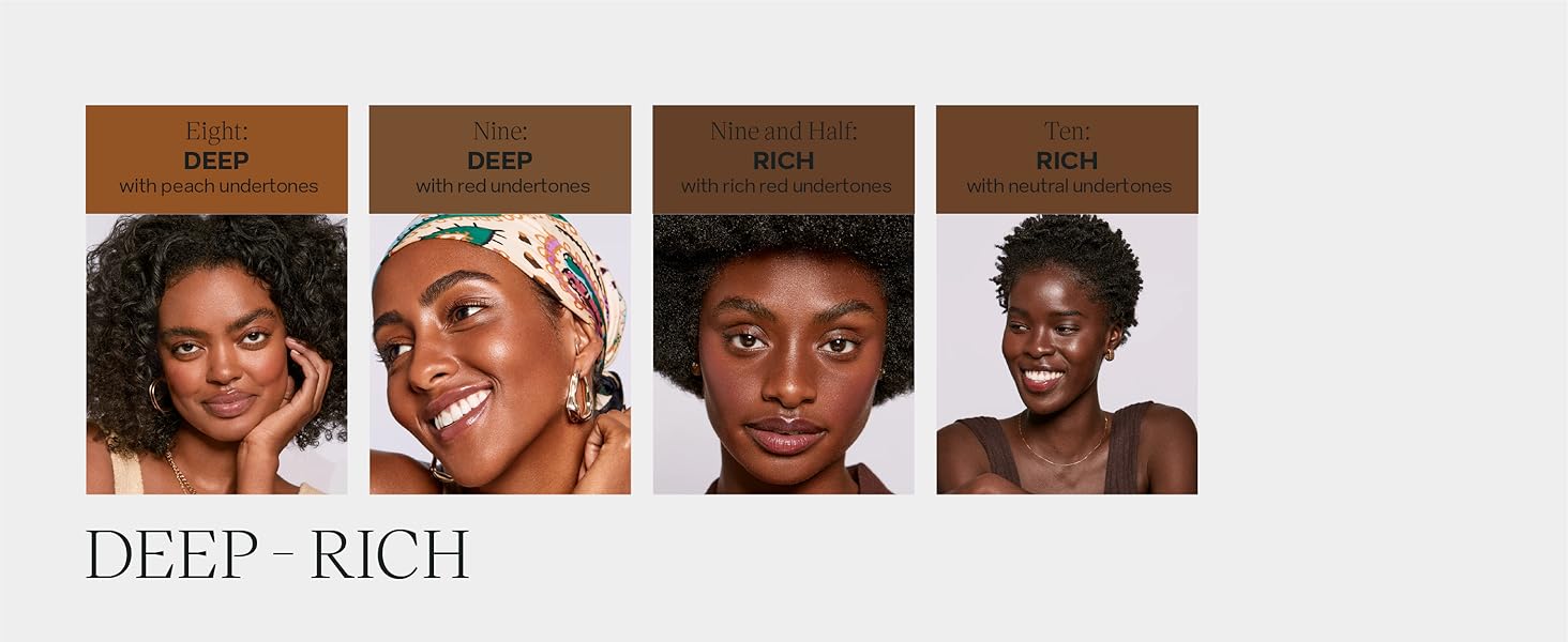 Chart shows shade range and benefits of glowy skin tint with clean makeup ingredients