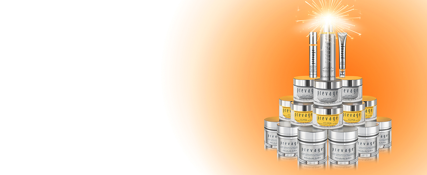 Elizabeth Arden Prevage skincare products stacked on top of each other with a sparkler at the top