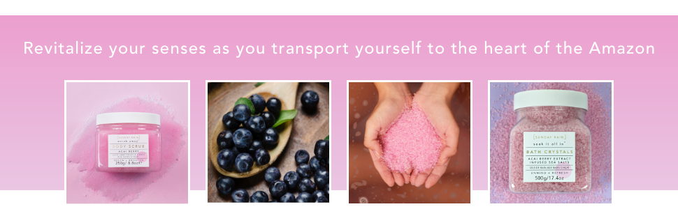 Sunday Rain, Acai Berry. Pink background, bath crystals, Body Scrub, Bath Salts, Berries