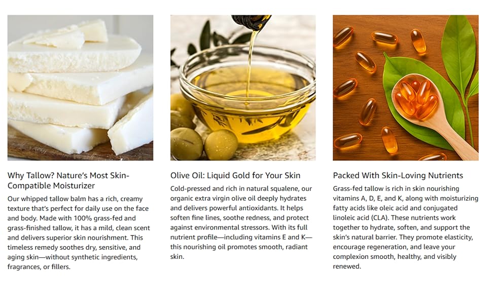 Grass-fed tallow skincare Natural moisturizer Whipped tallow balm Skin nourishing beef tallow
