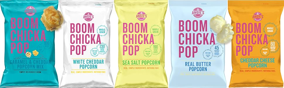 Angie's BOOMCHICKAPOP popped popcorn bags with a variety of flavors