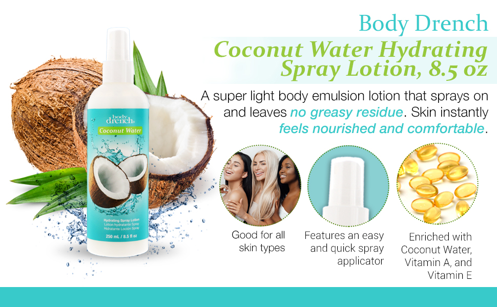 Body Drench Coconut Water Hydrating Spray Lotion for All Skin Types, 8.5 fl oz