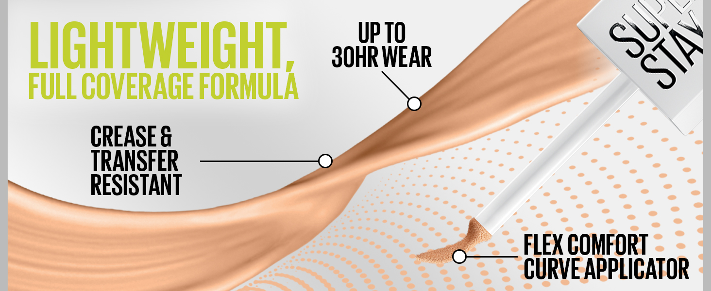 lightweight full coverage formula, crease and transfer resistant, up to 30hr wear