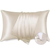 Bedsure Satin Pillowcase for Hair - Beige Satin Pillow Cases Standard Size with Zipper 2 Pack, Si...