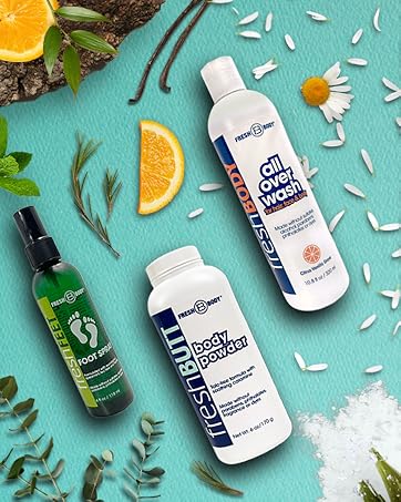 Fresh Body Product Lifestyle with Butt powder fresh feet and all over body wash