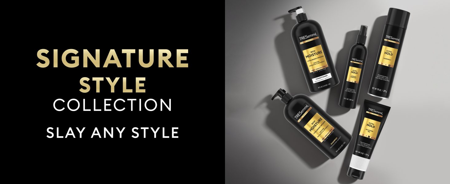 Text on black beside TRESemmé Collection with gold labels & styling products on a soft-lit surface.