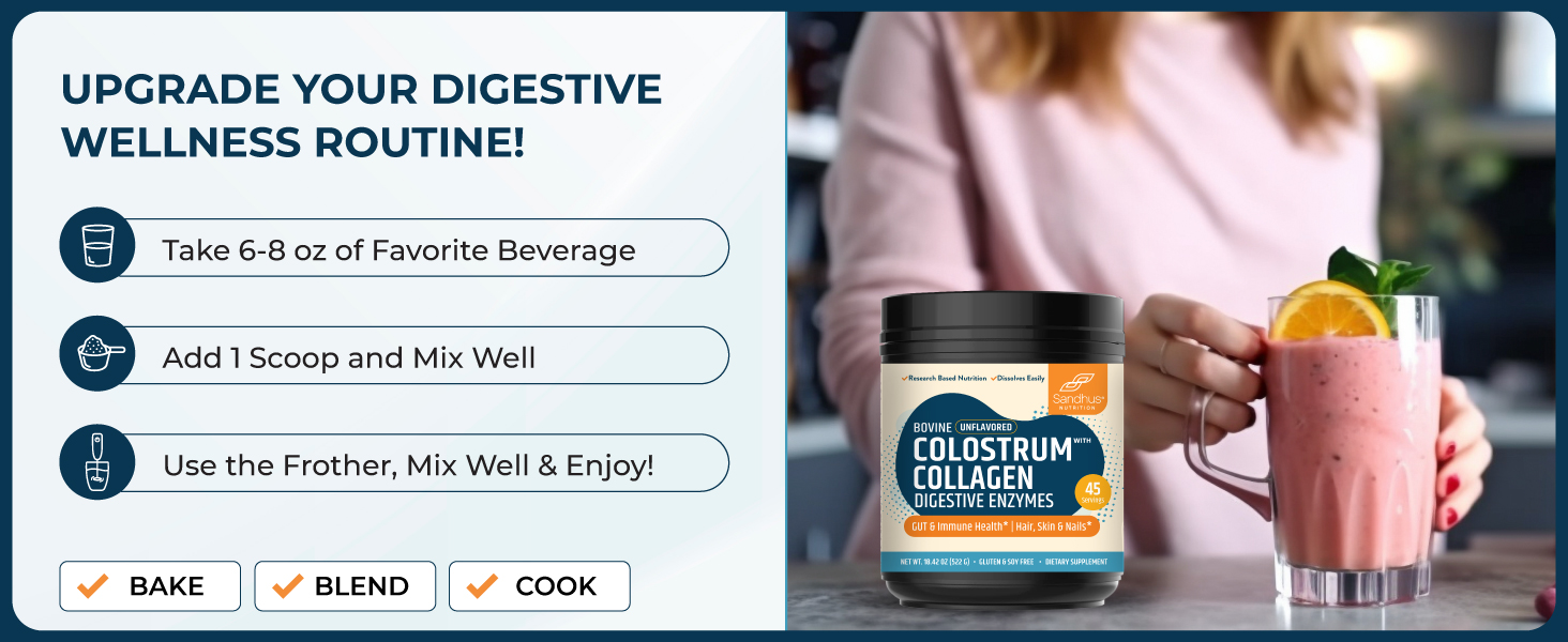 easy to use colostrum collagen powder, unflavored, 1 scoop a day, mixes easily