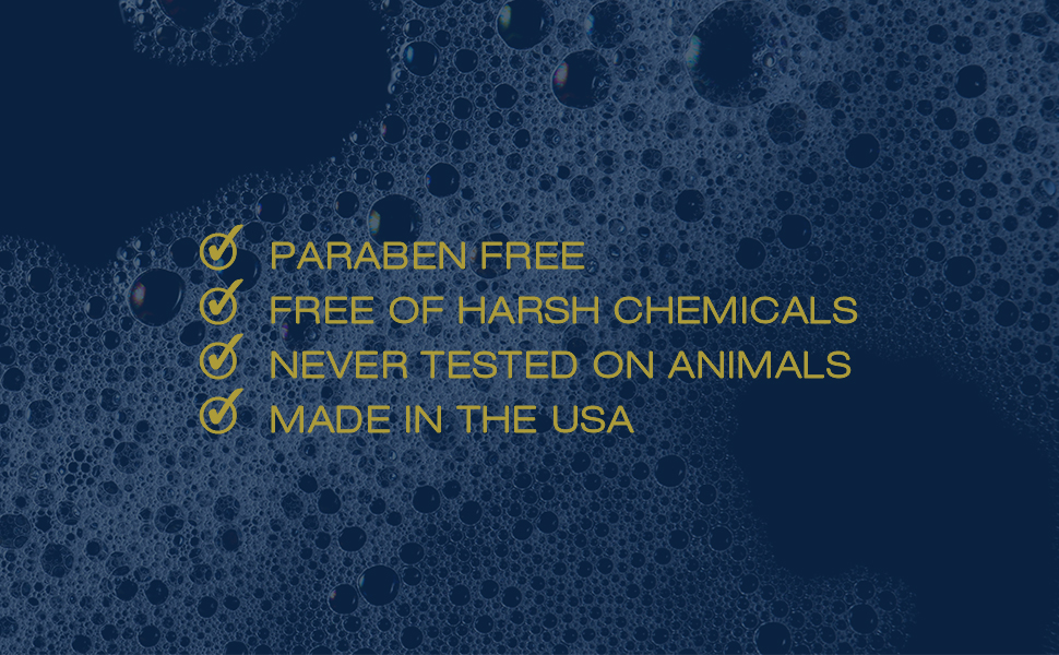 paraben free, no harsh chemicals, no animal testing, made in usa
