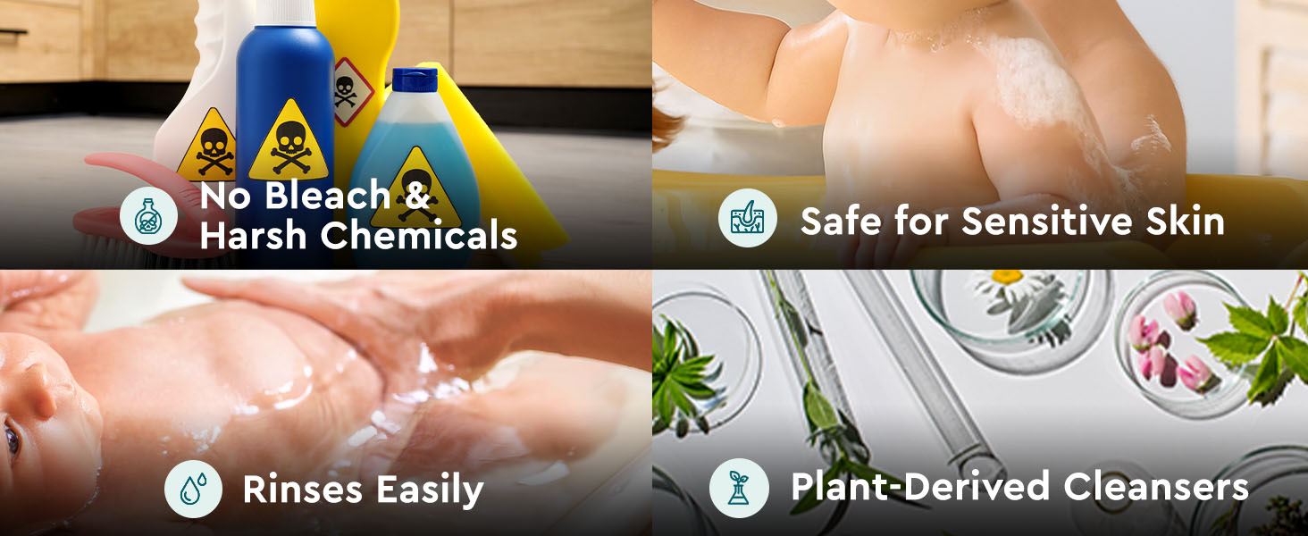 natural ingredients, mother and baby holding hands, easy rinse, plant-based formula