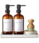 GMISUN Dish Soap Dispenser, 16 Oz Kitchen Soap Dispenser Set with Ceramic Tray & Bamboo Brush, 2 ...