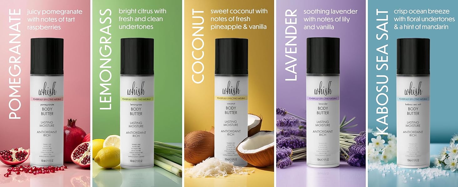 whish body butter, natural, botanical, pomegranate, lemongrass, coconut, lavender, kabosu sea salt