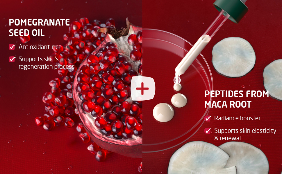pomegranate seed oil antioxidant skin regeneration peptides maca root radiance boost skin elastacity