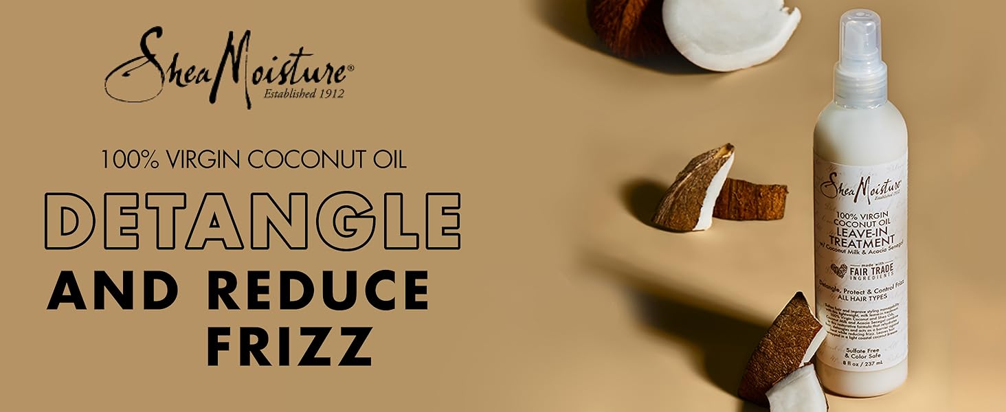 SheaMoisture leave-in treatment bottle with coconut pieces on light brown background.