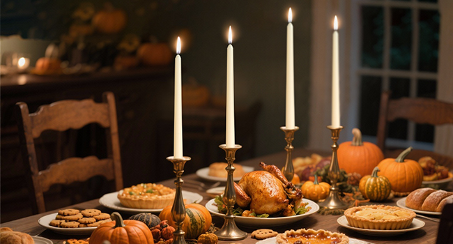 Taper candles add a warm, welcoming glow to the Thanksgiving table, perfect for family gatherings