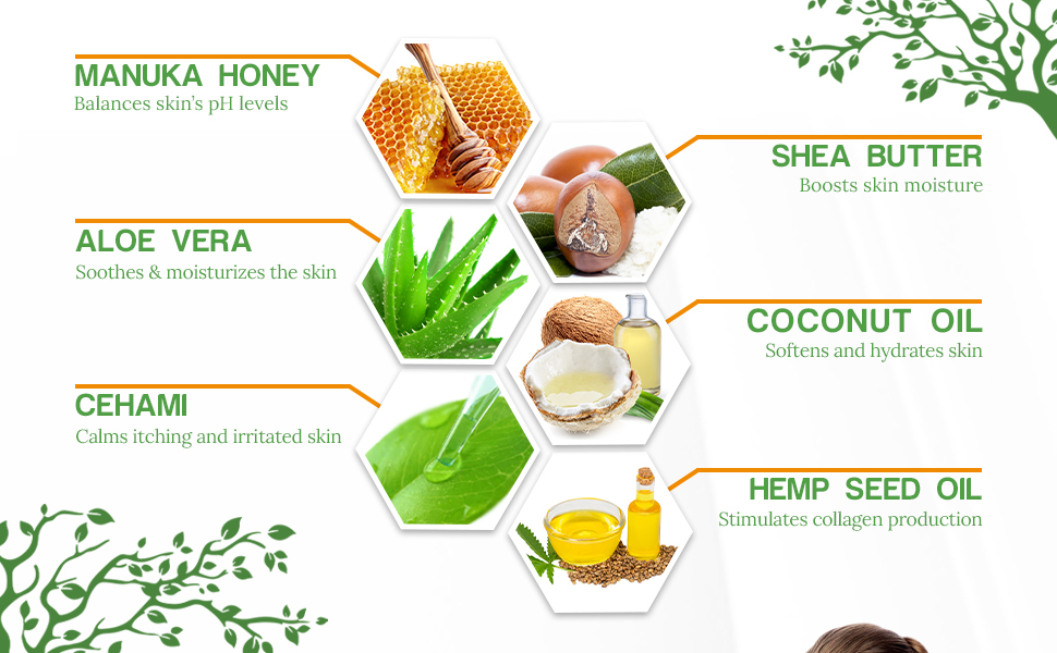Manuka Honey, Aloe Vera, Cehami, Shea Butter, Coconut Oil, Hemp Seed Oil