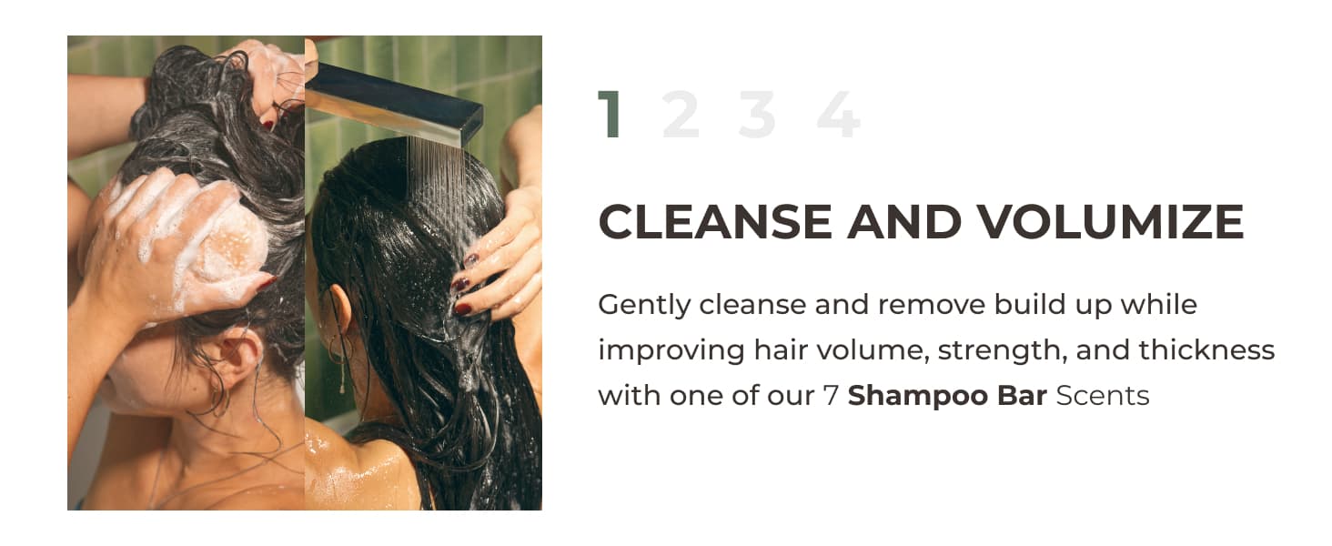 person cleansing their hair with a shampoo bar and rinsing