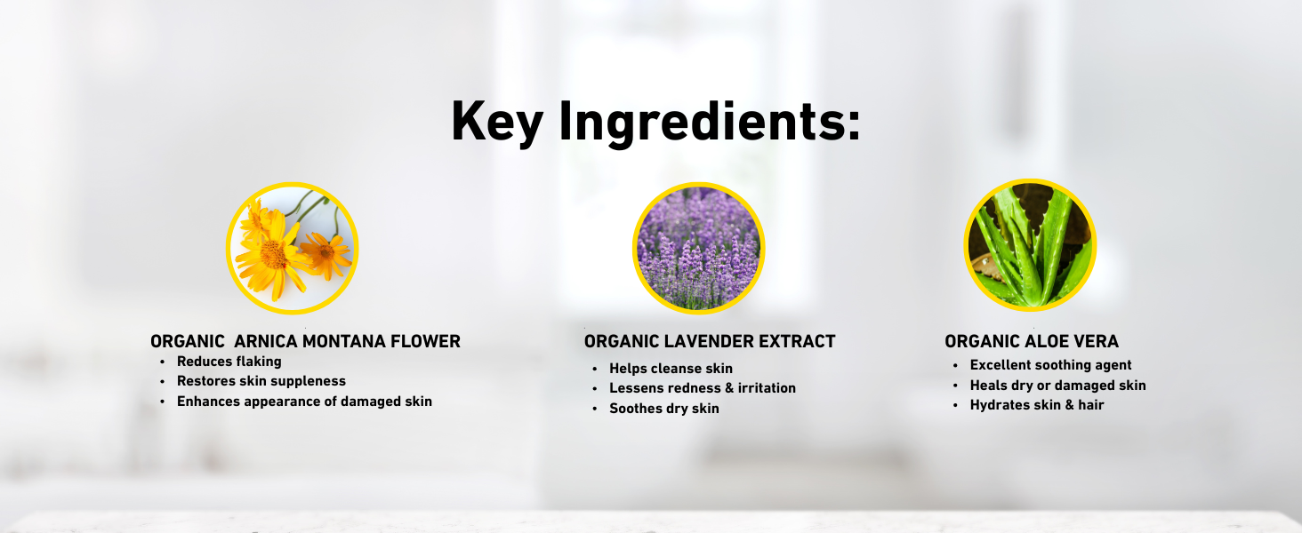 Organic Arnica, Lavender, Aloe Vera – natural skin hydration and soothing ingredients