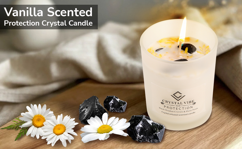 Protection Crystal Candle Vanilla Scented Candle With Black Obsidian Crystals and Daisy Petals