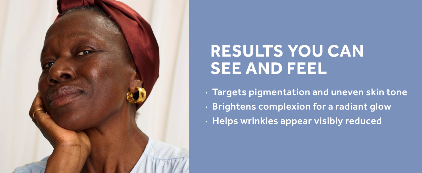 Face brightening serum visibly evens skin tone and smooths dryness from week one