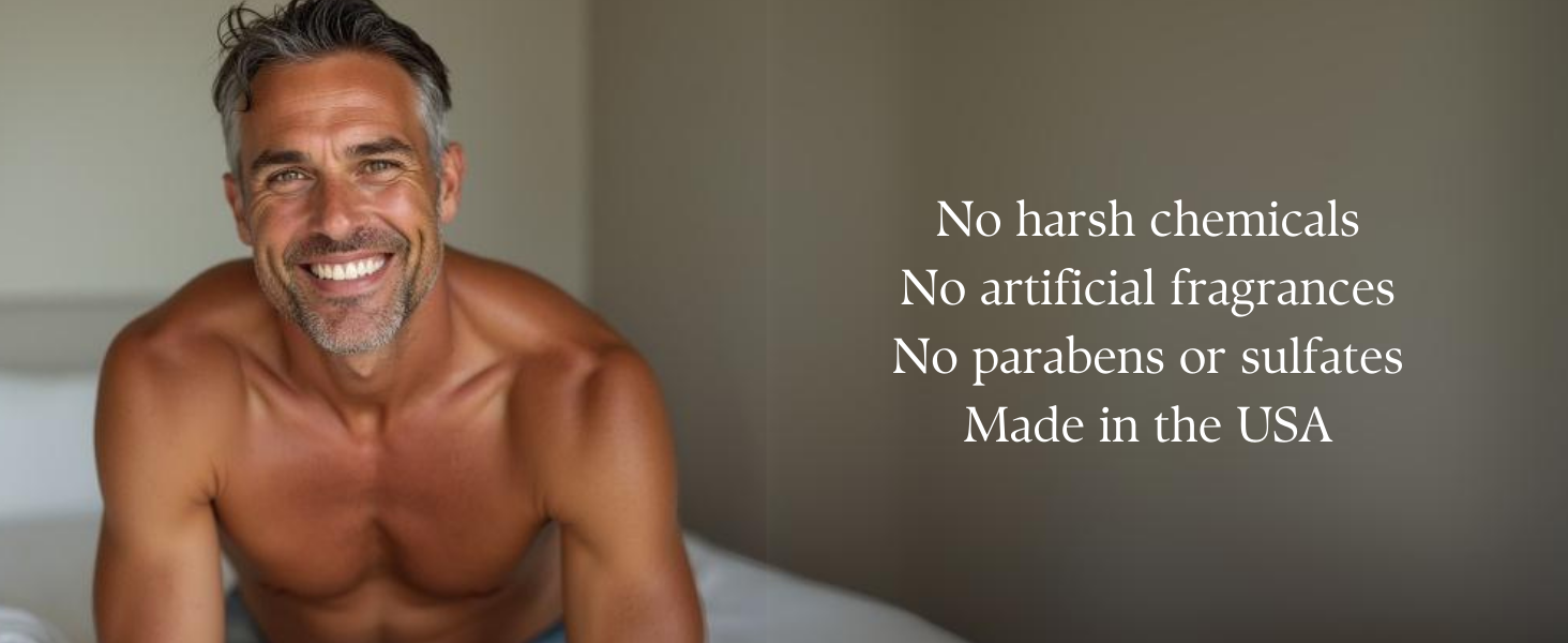 a man smiling on the edge of the bed. To the right is text