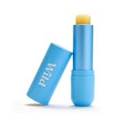 Blue cylindrical lipstick container with yellow cap. Product name 'sport' visible on side.