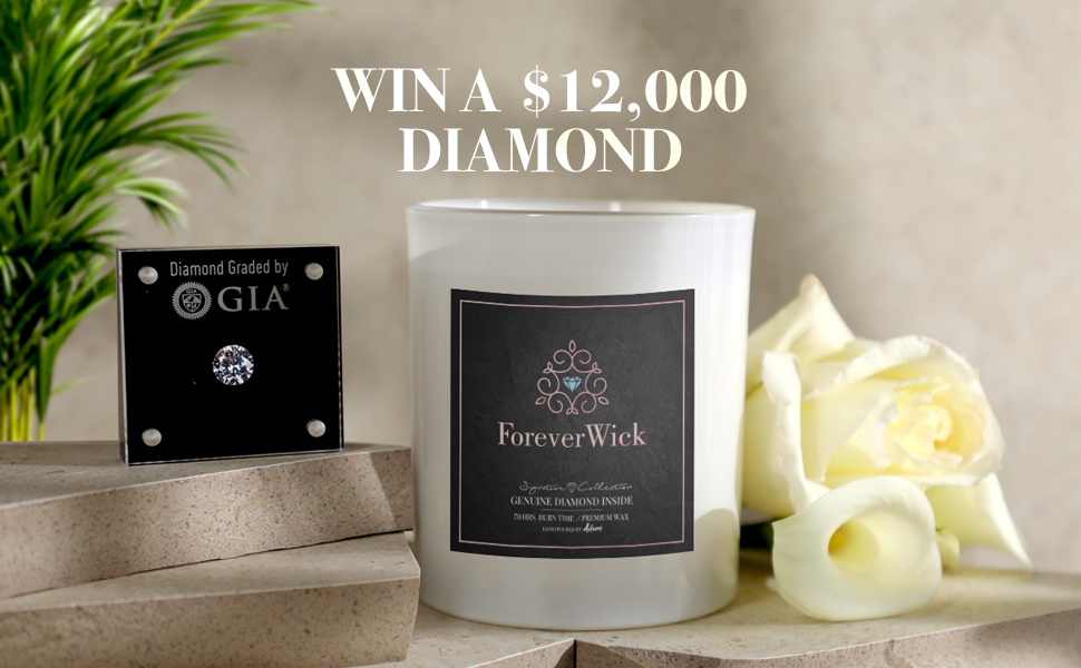 $12,000 diamond, diamond in every candle, genuine diamond, foreverwick candle with surprise inside