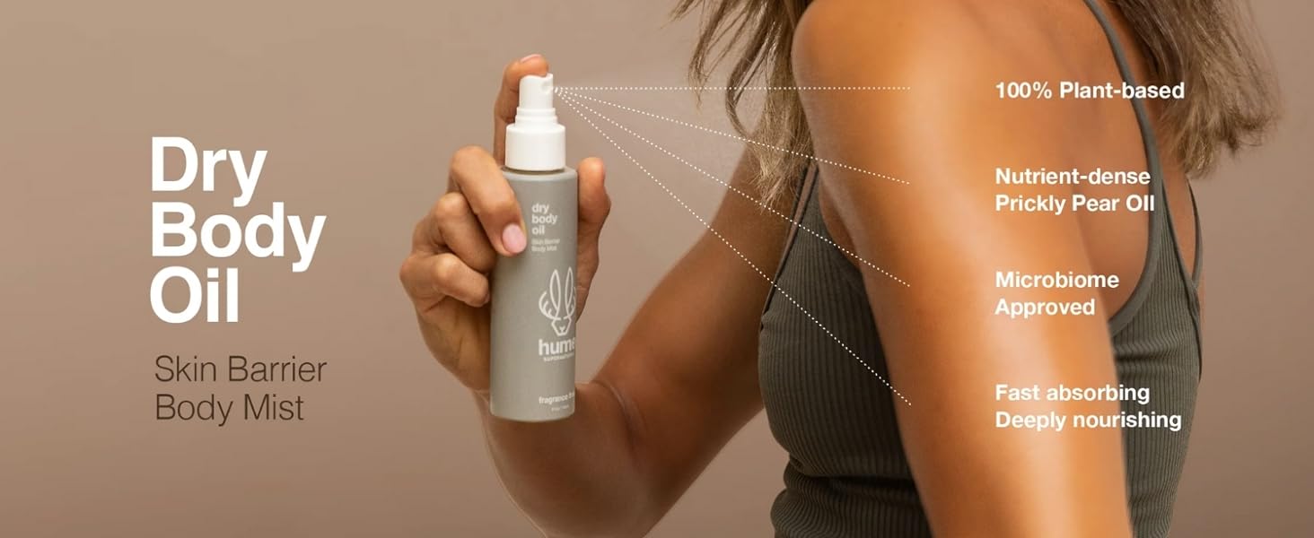 dry body oil skin barrier mist spray plant based coconut prickly pear microbiome nourishing