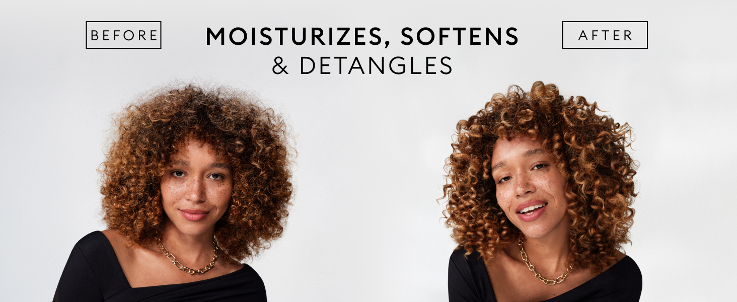 Before & after of model with dry, frizzy curls on left & moisturized, defined curls on the right.
