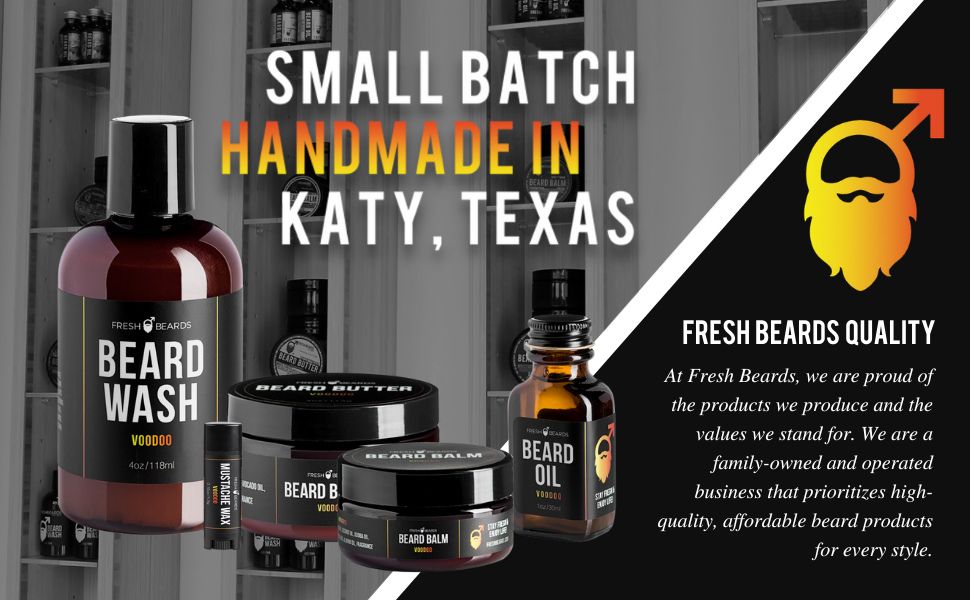 Fresh Beards Small Batch Product Shot (VOODO Beard Products) with Fresh Beards Quality Statement