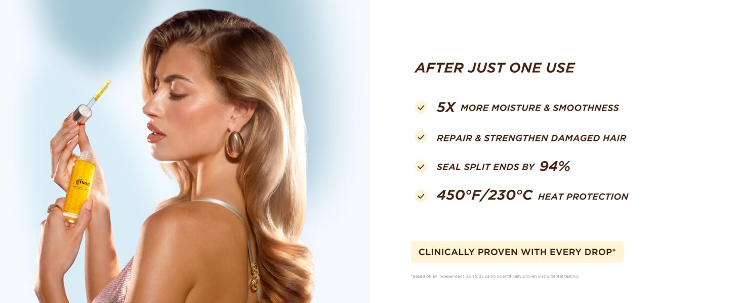 Benefits of the Gisou Honey Infused Hair Repair Serum in the middle
