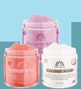 White Naturals coconut, blueberry grapefruit scrubs for skin body face salt exfoliation shower skin