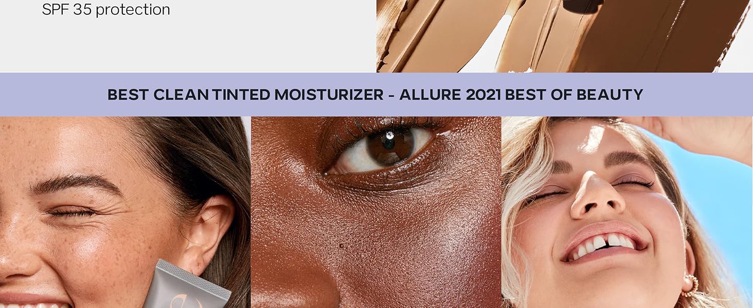 Smiling models wear skincare makeup that blends easily with natural radiant skin results