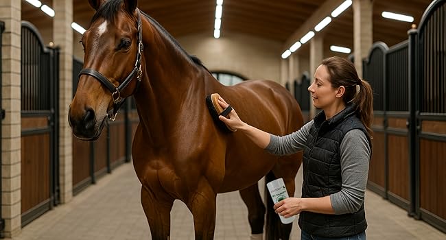 horse in barn with woman holding tube of sit stay forever dry shampoo