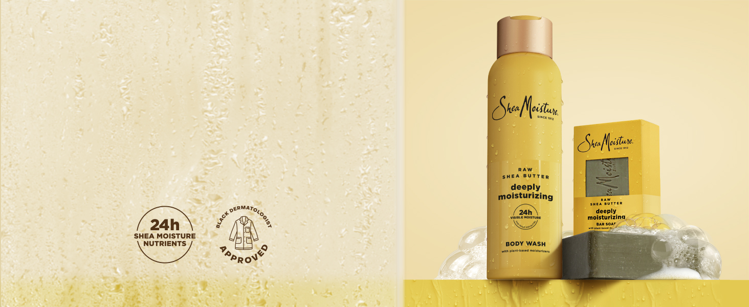 A collection shot of the Raw Shea Butter Body Wash and Bar Soap on a yellow background.