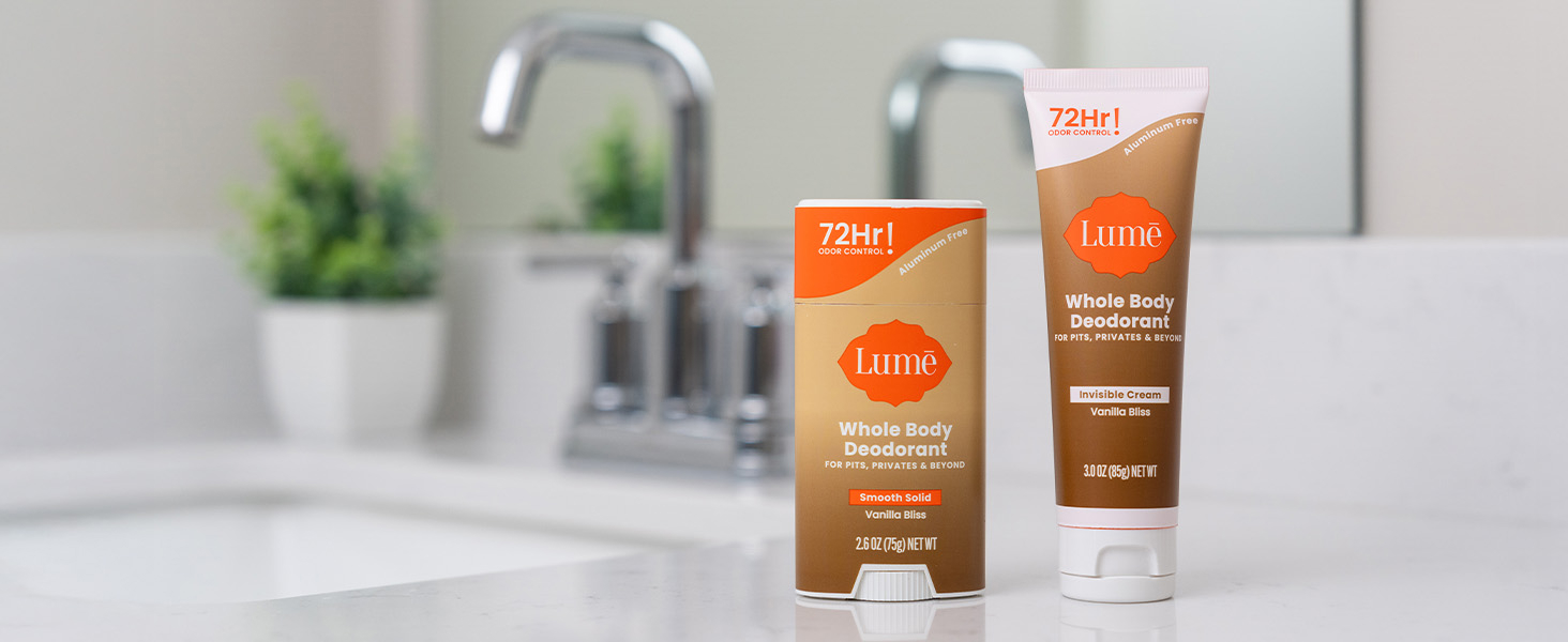 Lume Solid Stick and Cream Tube deodorants Vanilla Bliss placed on a countertop