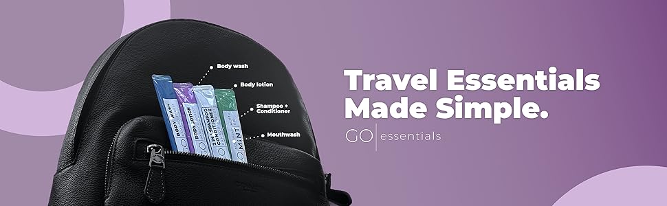 GO Essentials Travel Friendly Packets. Body Wash, Lotion, Shampoo and Conditioner, and Mouthwash.