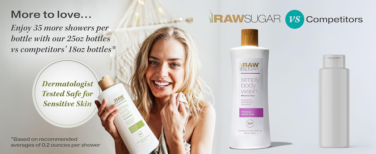 Raw Sugar body wash bigger size more showers dermatologist tested safe for sensitive skin