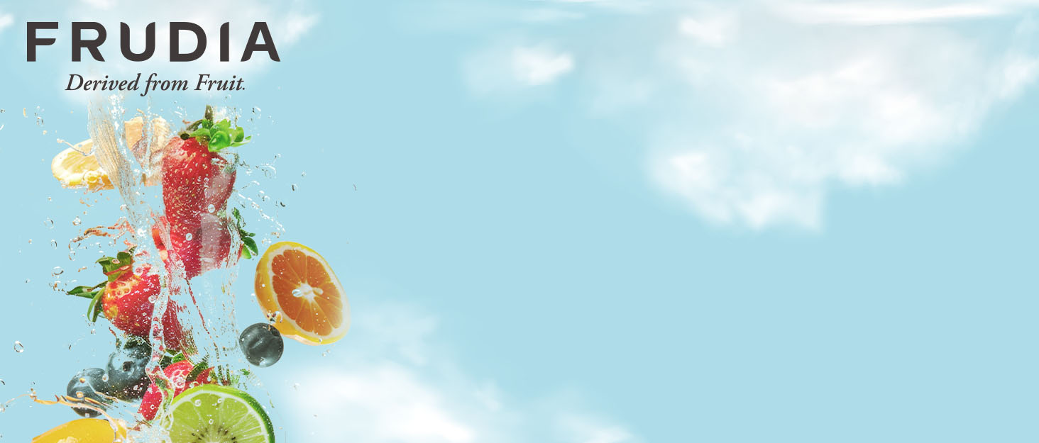 Frudia logo with blue skies and clouds in the background with water splash fruits