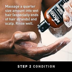 Step 2, Condition, Massage a quarter-size amount into wet hair, Especially ends of hair strands