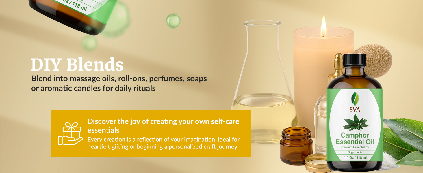 DIY scented candles soaps being crafted by using camphor essential oil from the amber glass bottle