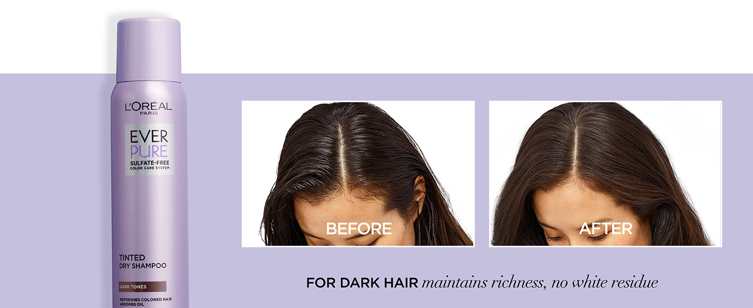 before and after using dry shampoo for dark hair