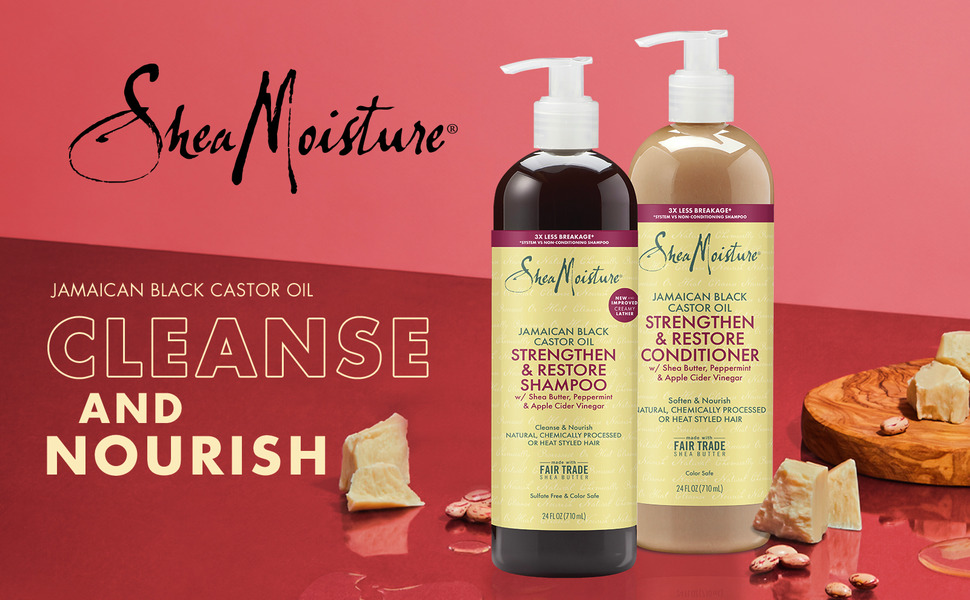 Image of SheaMoisture shampoo and conditioner bottles with a red background.