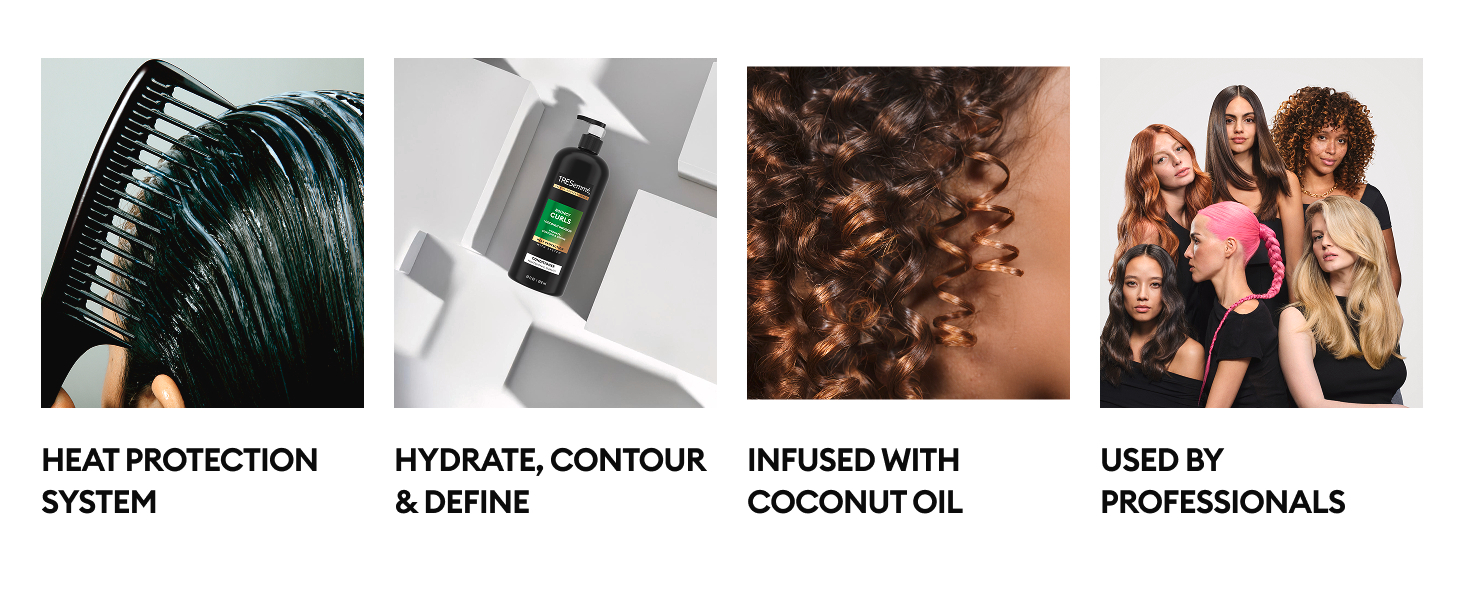 Comb through wet hair, TRESemmé bottle, shiny curls & diverse women with bold styles.