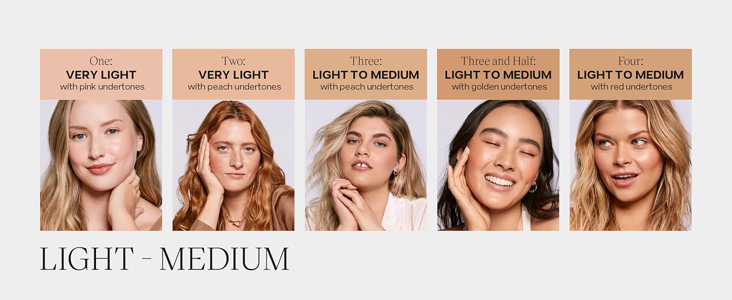 Chart shows shade range and benefits of glowy skin tint with clean makeup ingredients