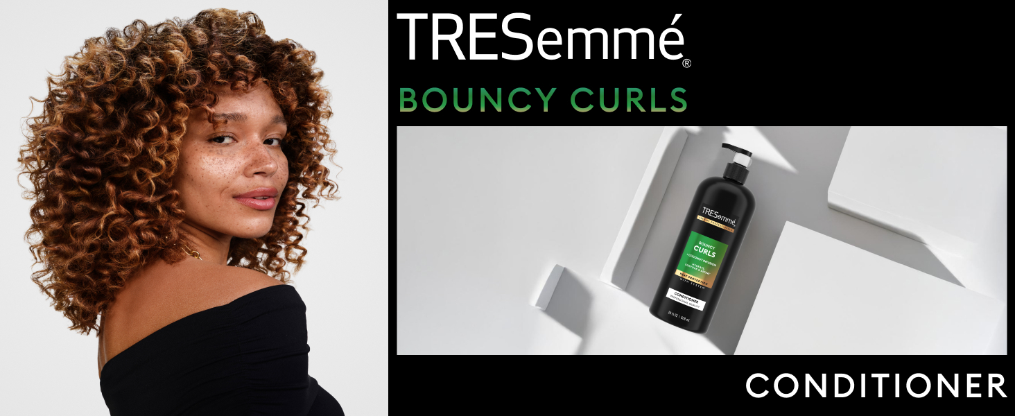 Image of a woman with curls next to the TRESemmé Bouncy Curls Conditioner.