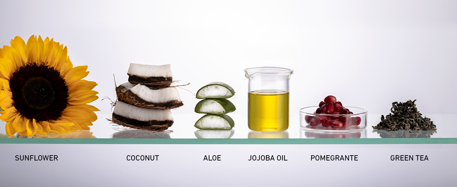 List of natural ingredients: Sunflower, coconut, aloe, jojoba oil, pomegrante, green tea
