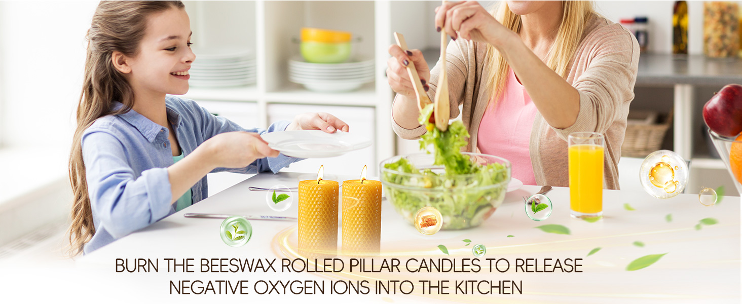 Burn the Beeswax Rolled Pillar Candles to release negative oxygen ions into the kitchen