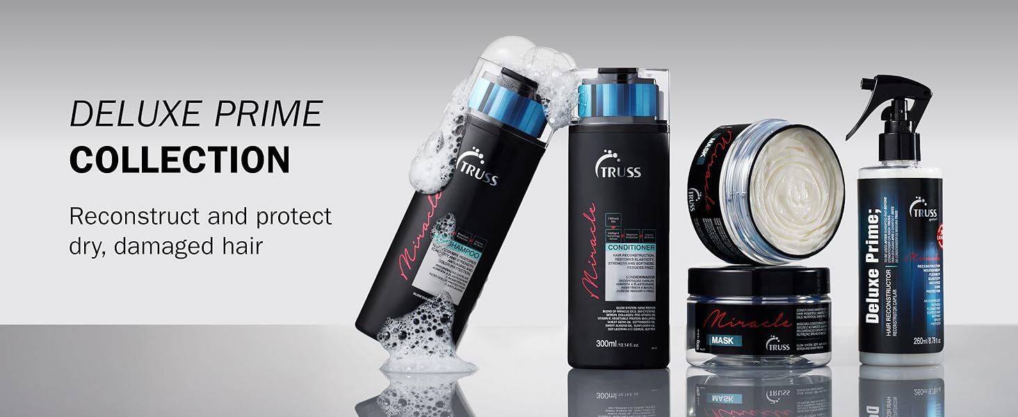 truss deluxe prime hair care collection, reconstruct and protect dry, damaged hair