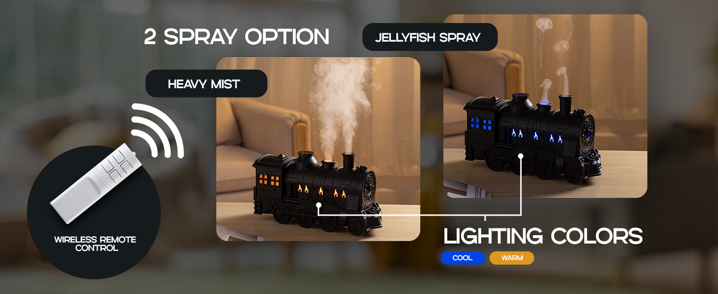 Train humidifier: mist options jellyfish and heavy mist, wireless remote, adjustable lighting colors